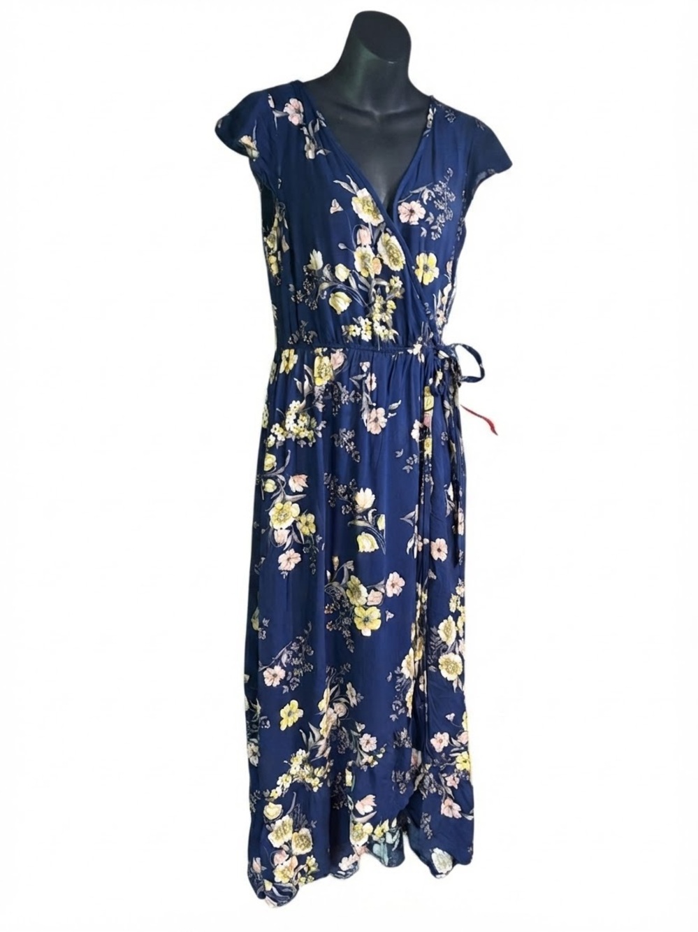 Band of Gypsienavy blue floral print wrap maxi dress V-neckline short cap sleeve